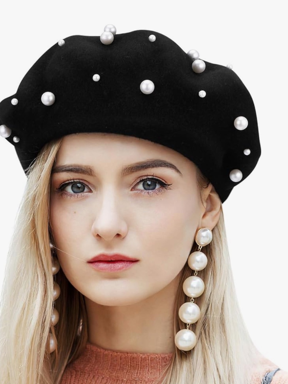 Black beret hat with pearl accents - Picture 3 of 4